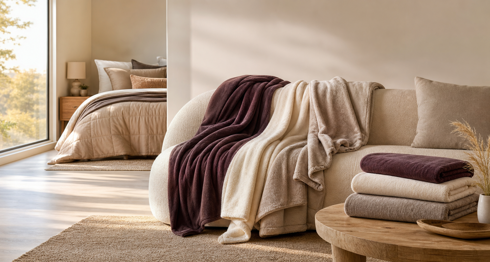 Layered POPTEX blankets in a warm modern bedroom